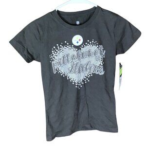 NFL Team Apparel Steelers Youth Girls Size XL Sliver Heart  Black T-Shirt Cotton